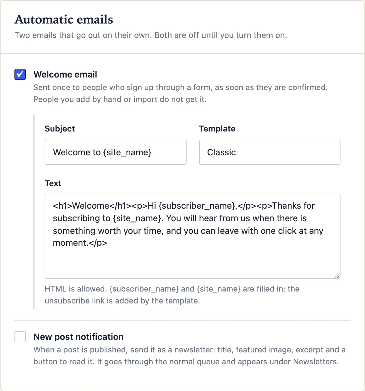 The Automatic emails card in Settings, with the welcome email switched on and its subject and text.