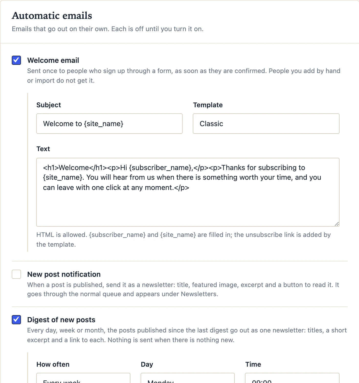 The Automatic emails card in Settings: welcome email and digest switched on.