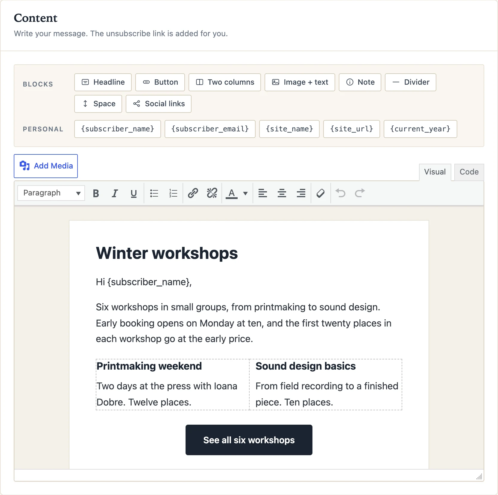 The editor with the block bar: headline, button, two columns, image and text, note, divider.