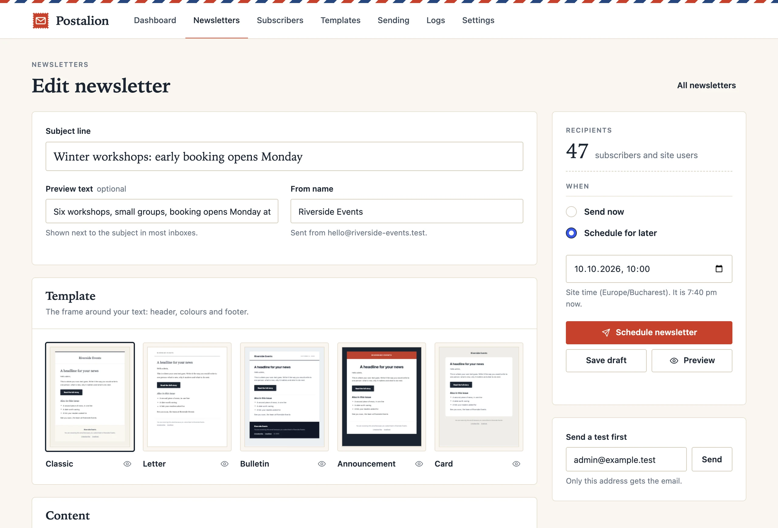 The Postalion composer in the WordPress admin: subject line, a choice of five templates, and the send and schedule controls.