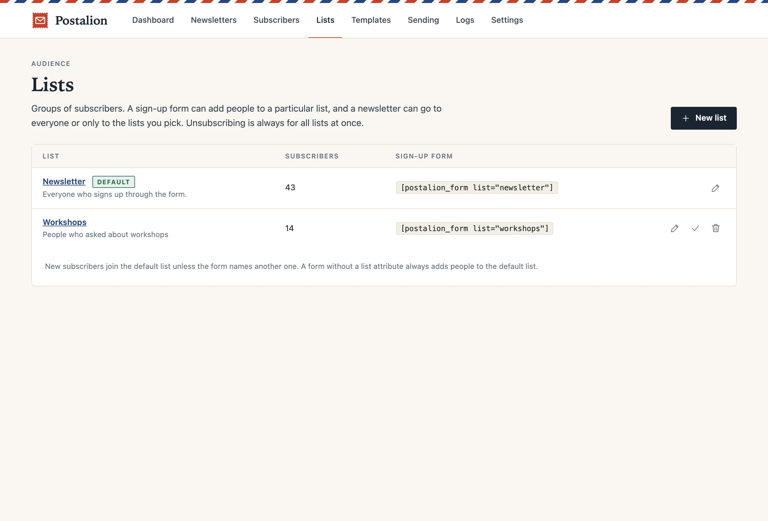 The Lists screen with a default Newsletter list and a Workshops list, each with its sign-up shortcode.