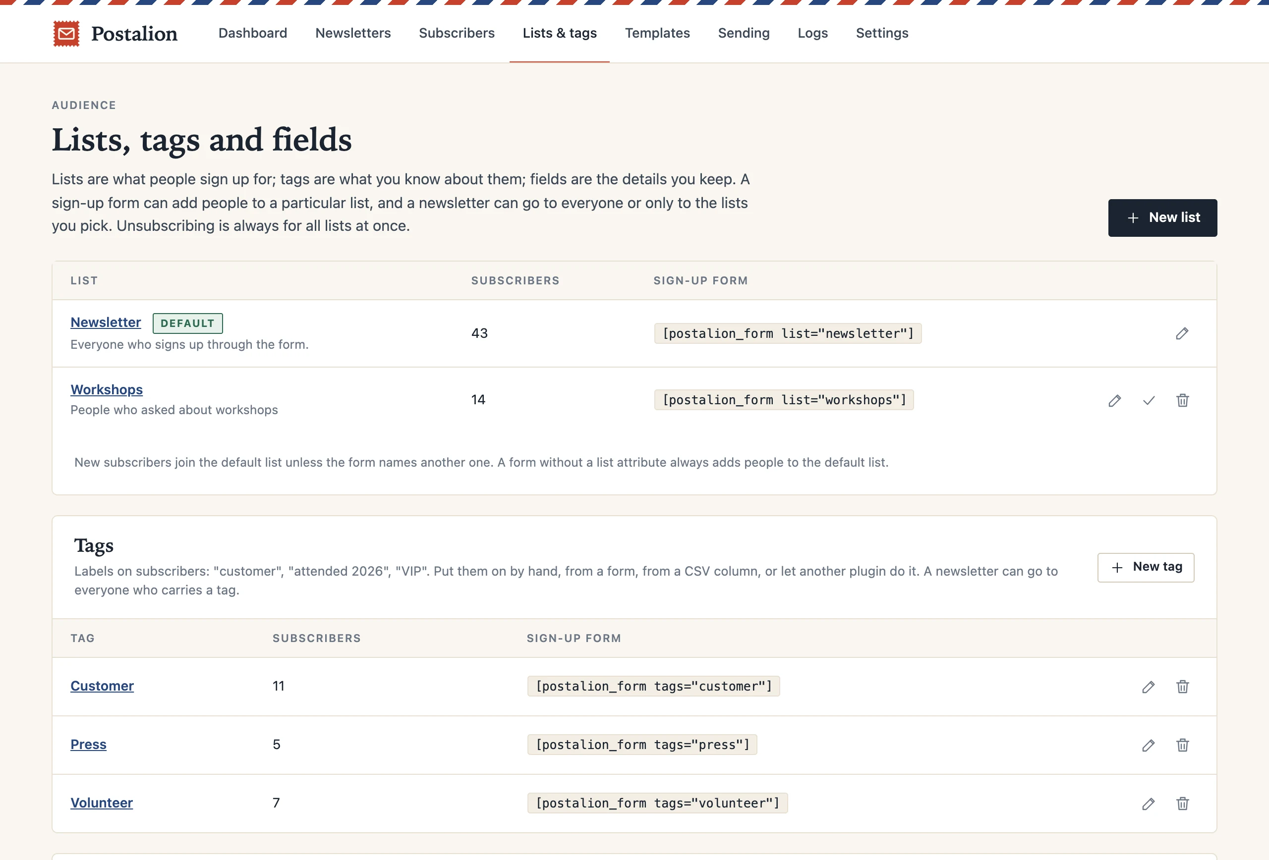 The Lists, tags and fields screen: lists and tags, each with its own sign-up shortcode.