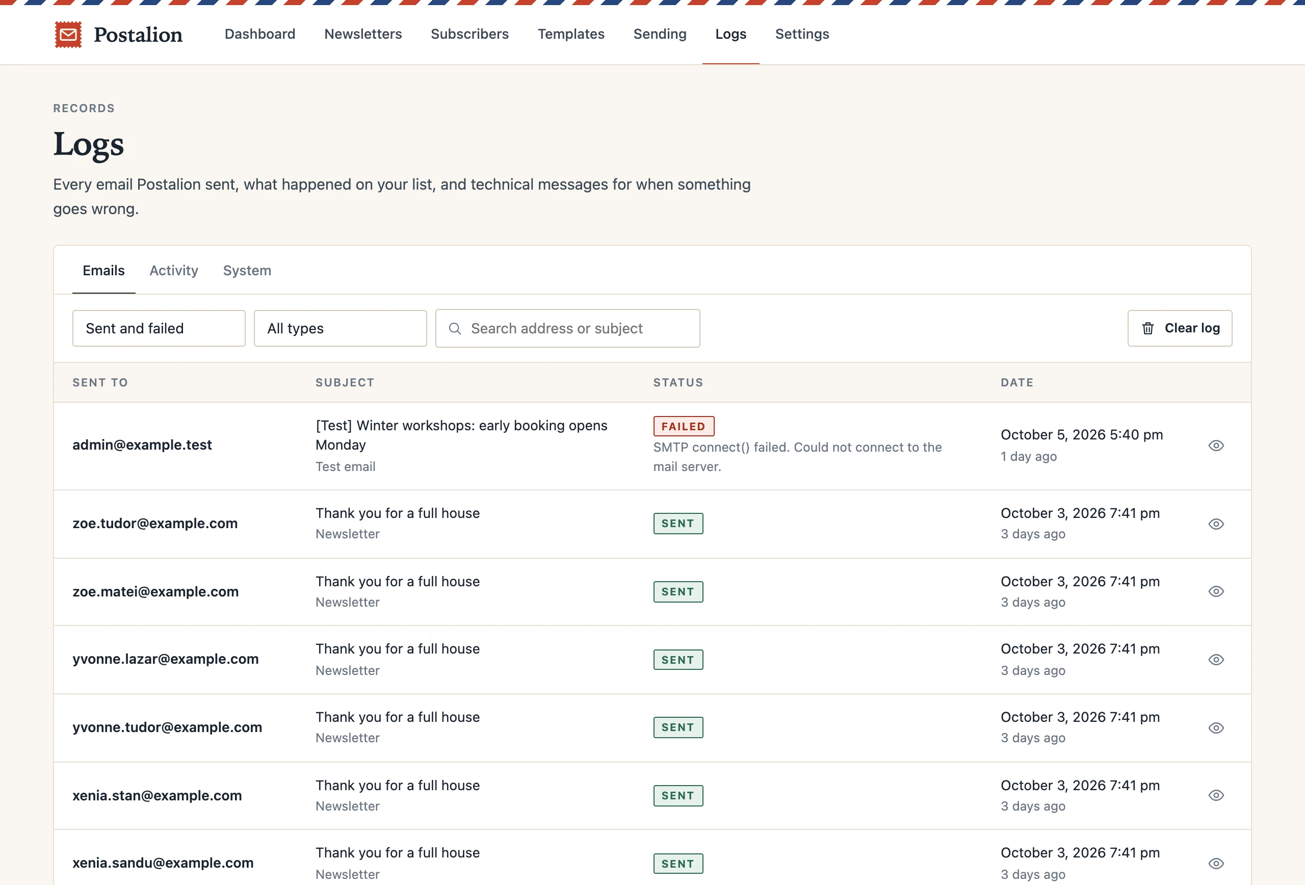 The Logs screen: a list of emails with recipient, subject, sent or failed status and date.