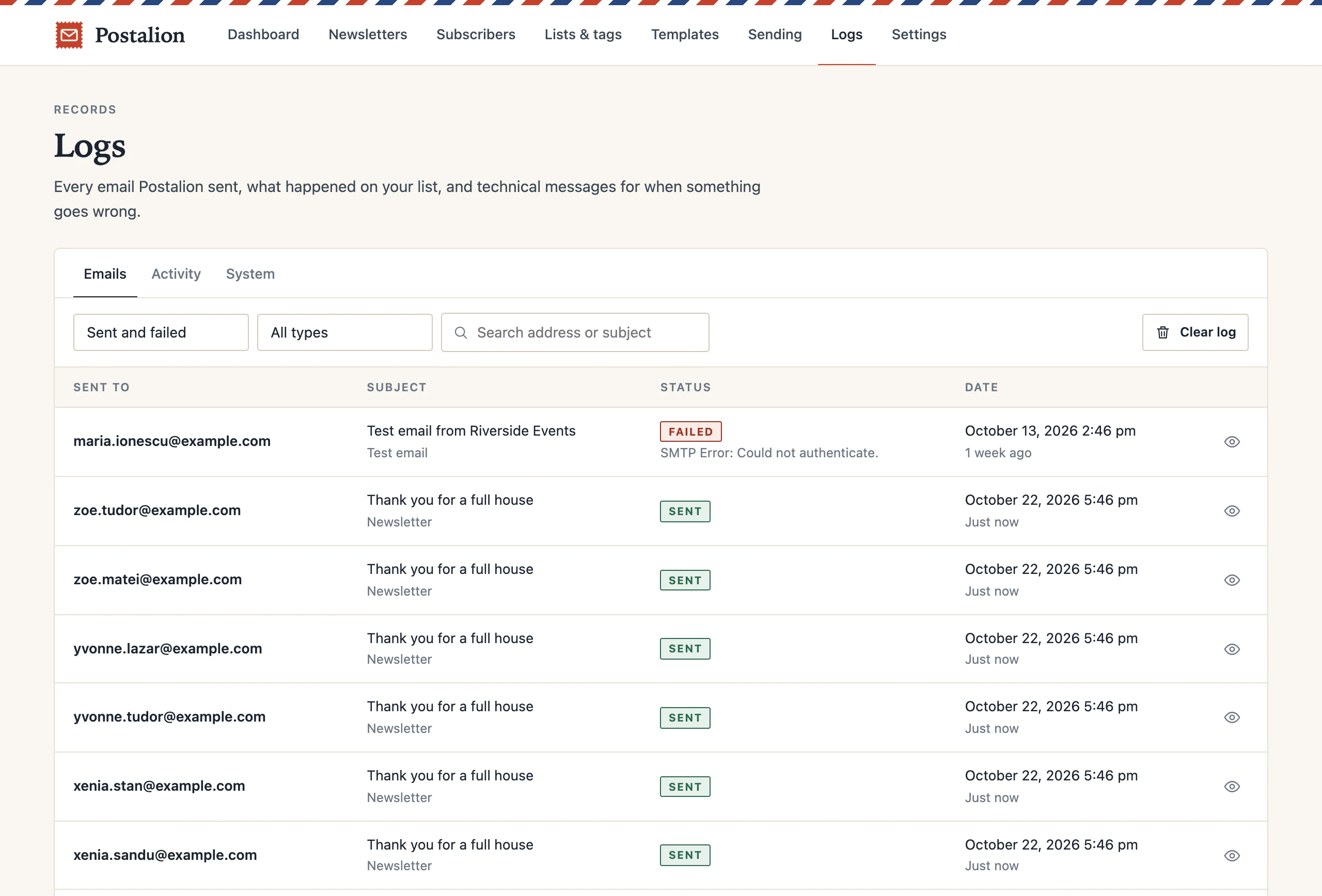 The email log: who each email went to, when, and whether the mail server took it.