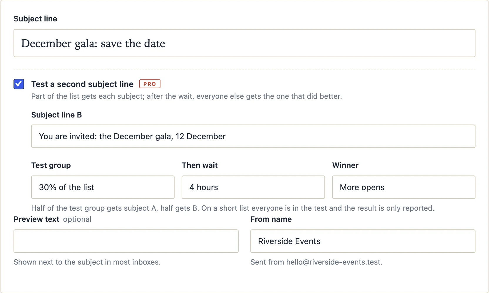 The composer with a second subject line, a test group of 30 percent, a four-hour wait and the winner by opens.