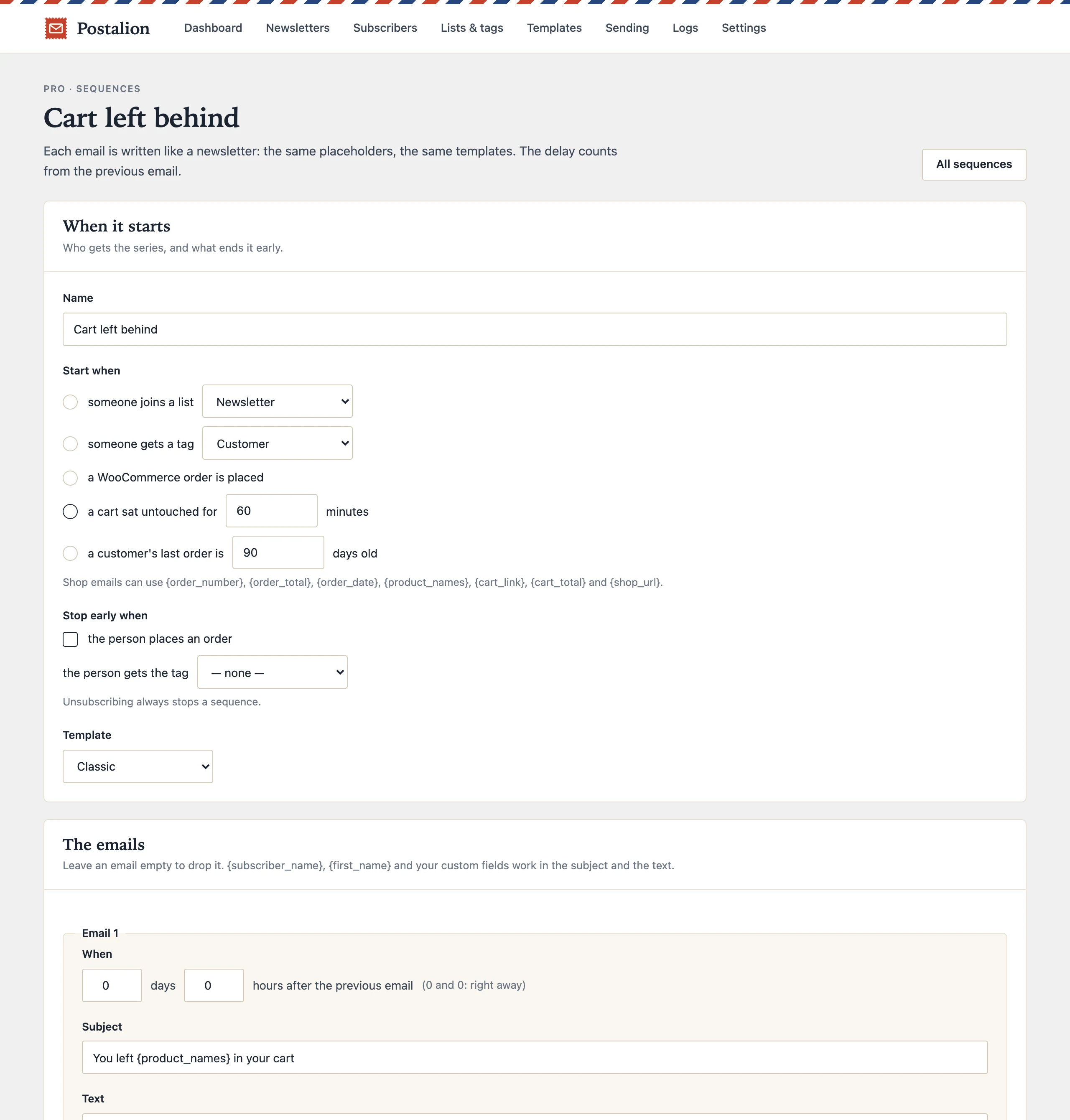 A cart-left-behind sequence: starts when a cart sat untouched for 60 minutes, stops when the person orders; the first email uses the cart link and total.