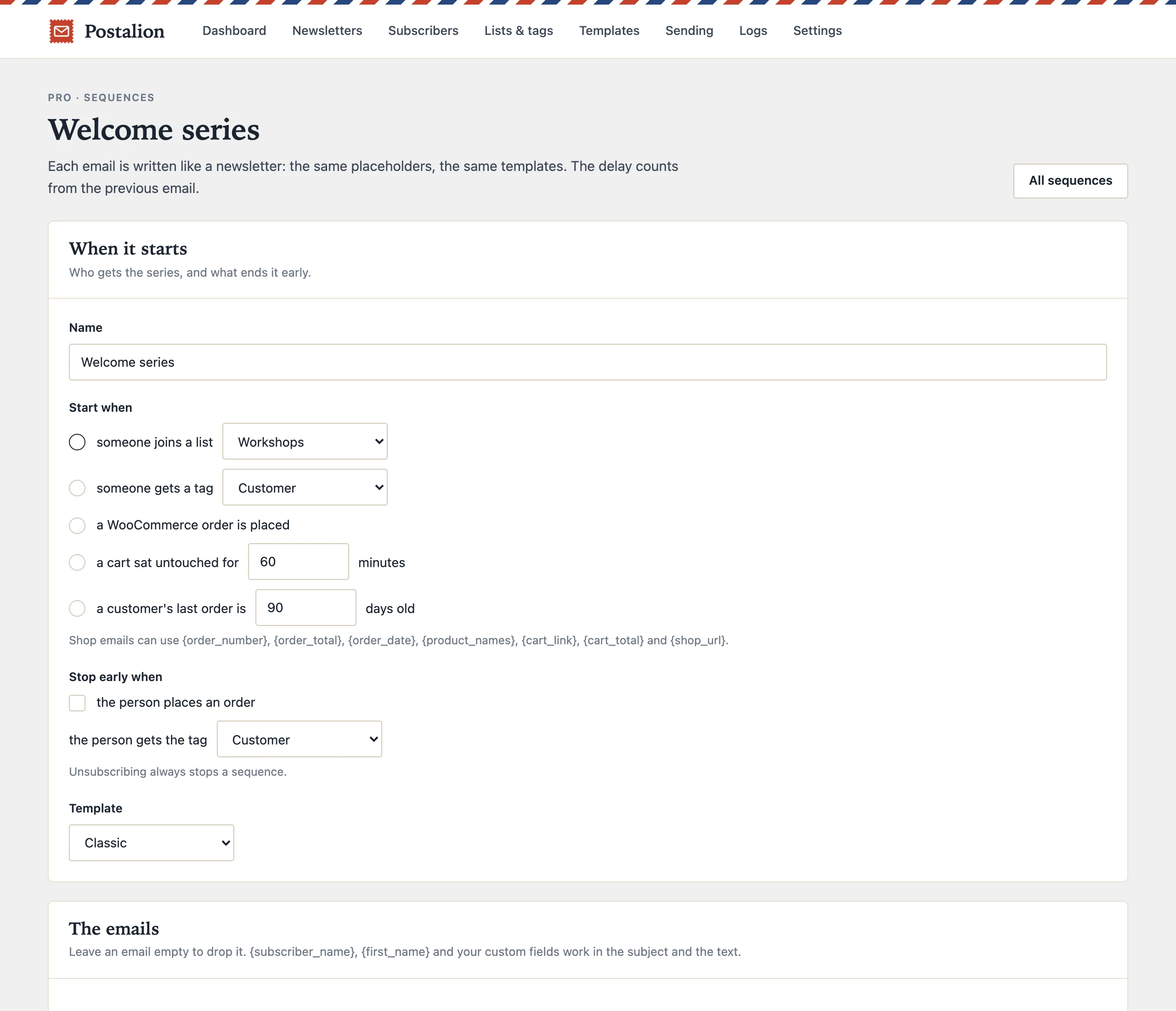 The sequence editor: a welcome series that starts when someone joins the Workshops list, stops on the Customer tag, with four emails days apart.