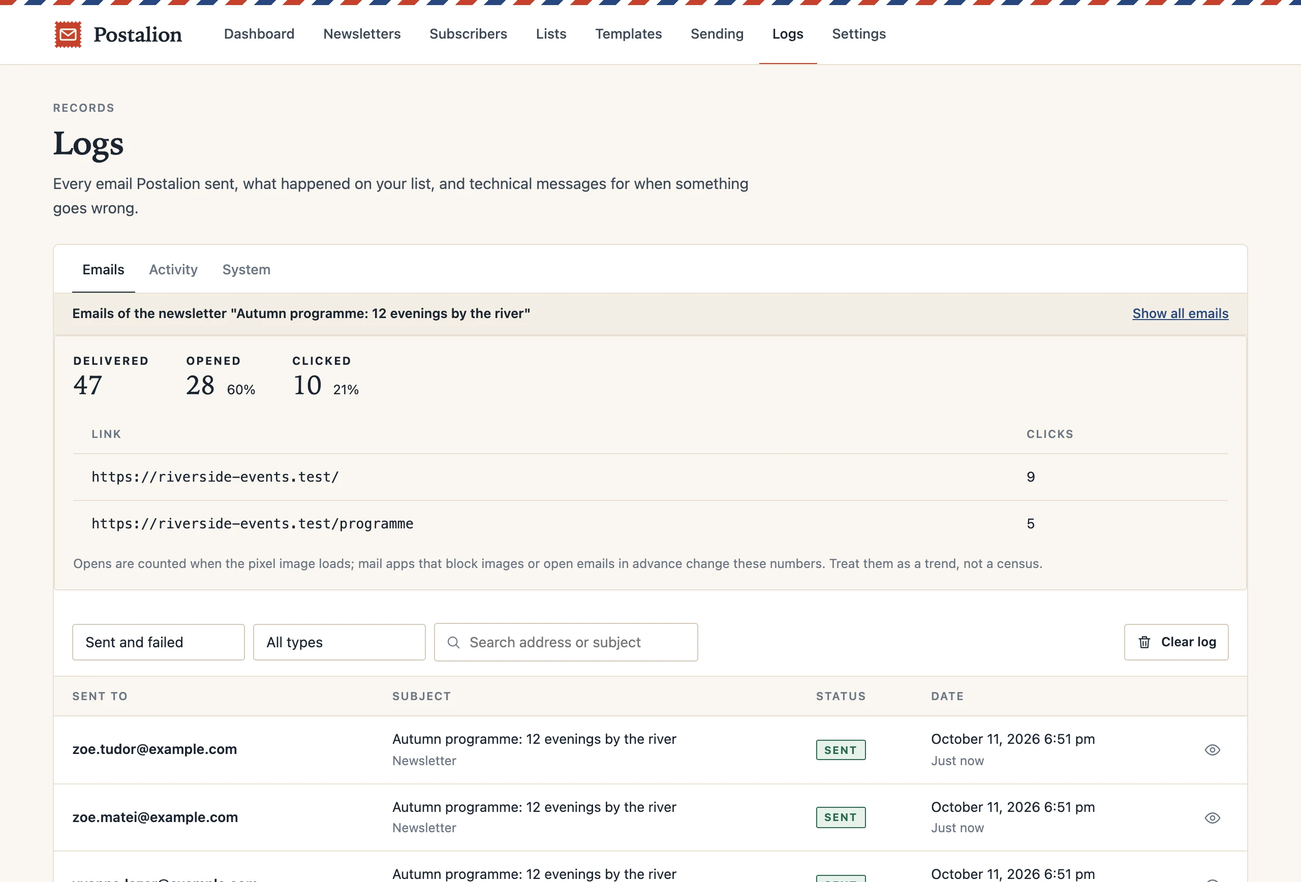 The report of a sent newsletter: 47 delivered, 28 opened, 10 clicked, the clicked links, and the log of its emails below.