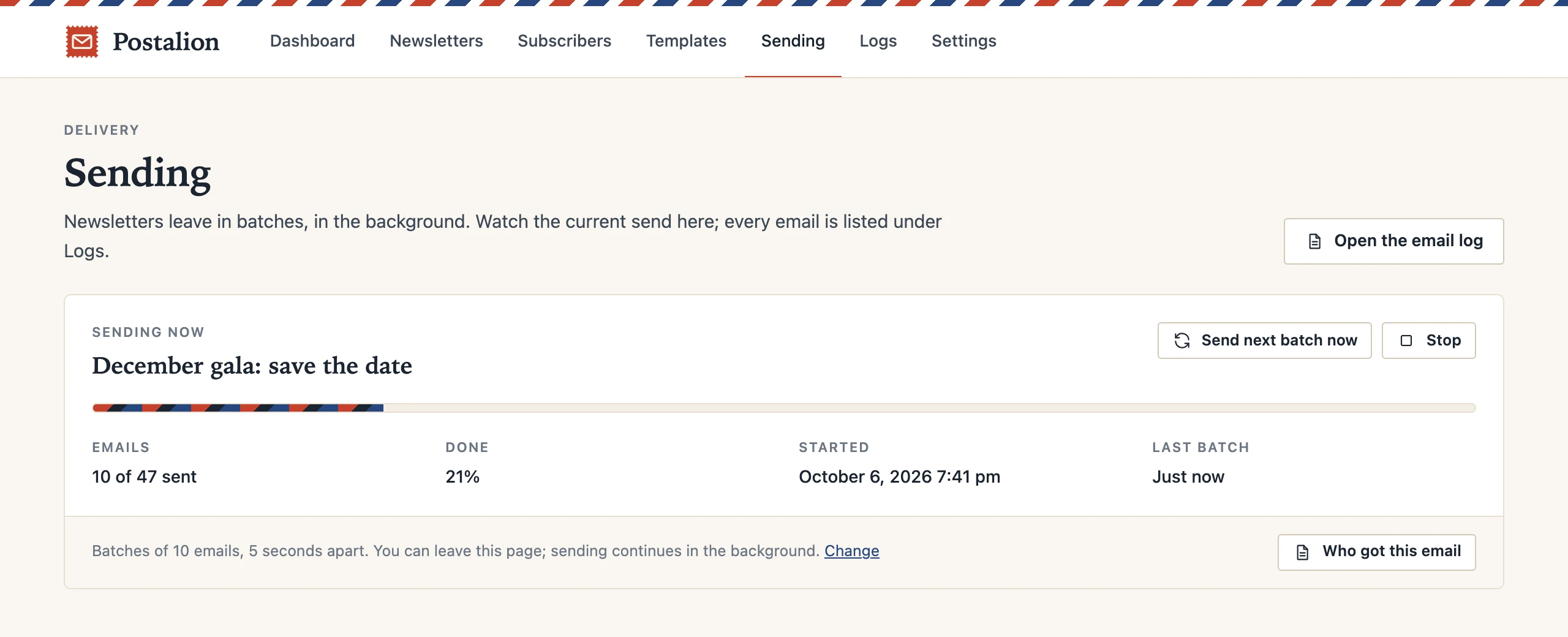 The Sending screen: a newsletter at 10 of 47 emails, 21 percent done, with buttons to send the next batch or stop.