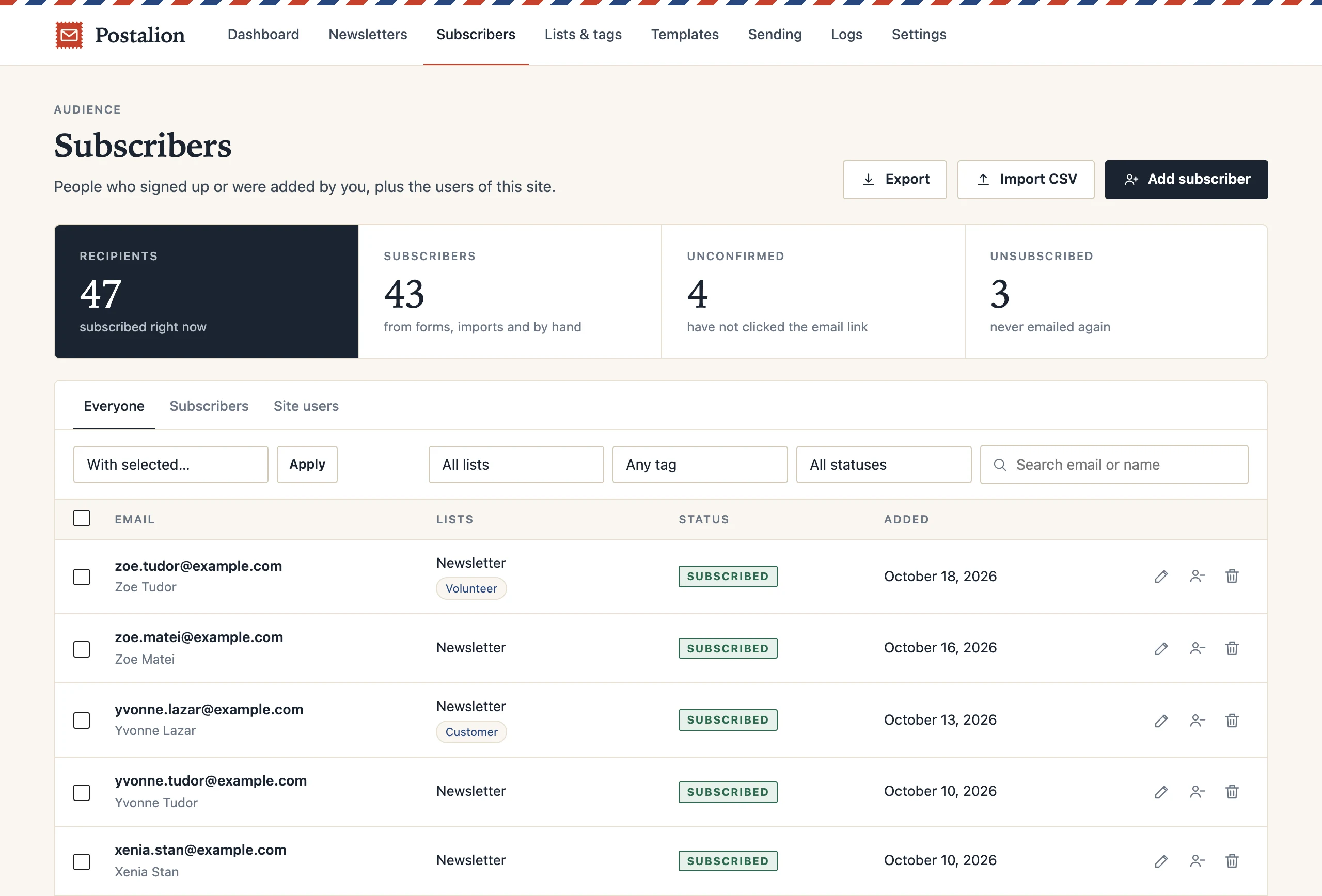The Subscribers screen with lists, tags, status and filters.
