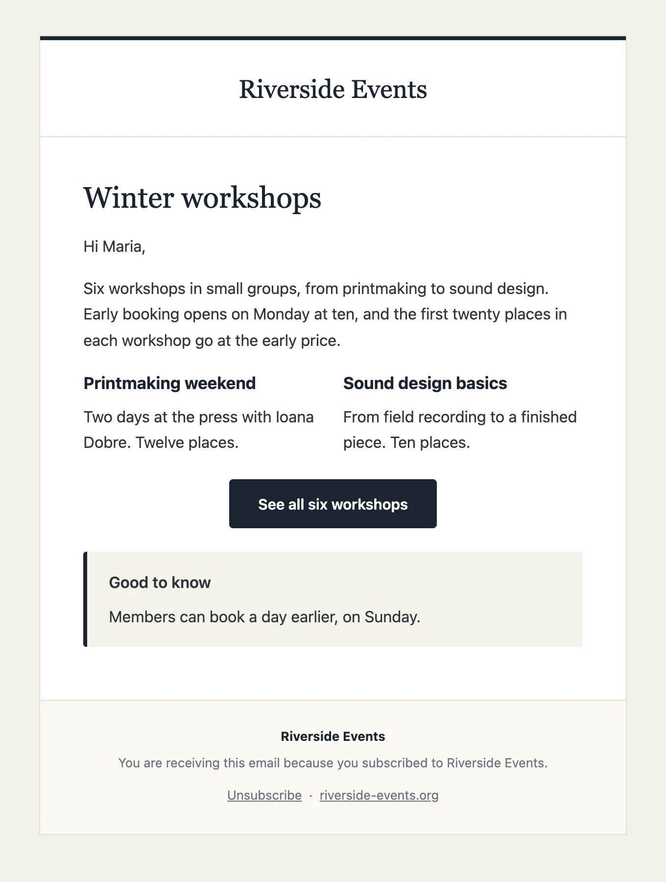 The finished newsletter in the Classic template.