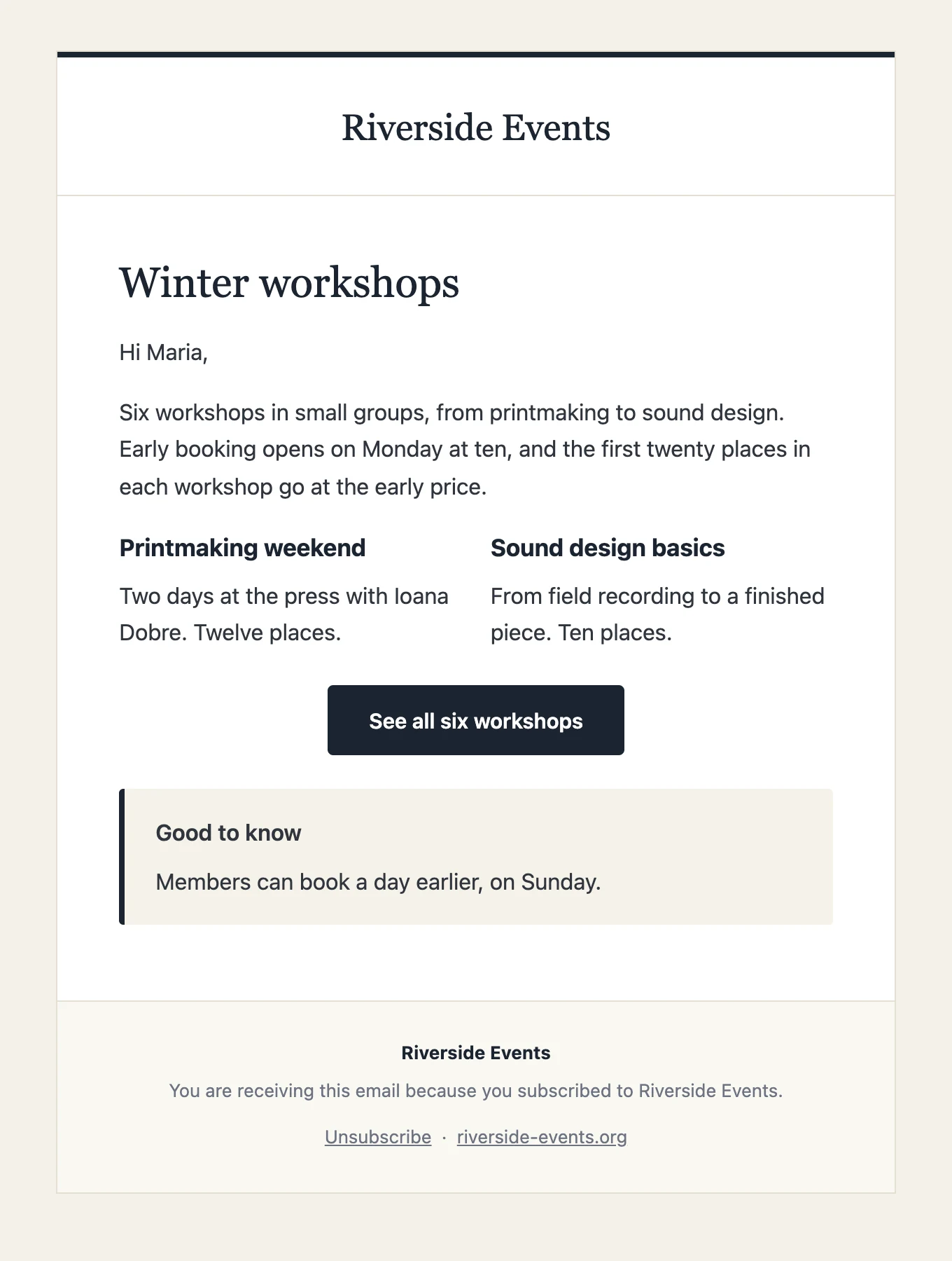 The finished newsletter in the Classic template.
