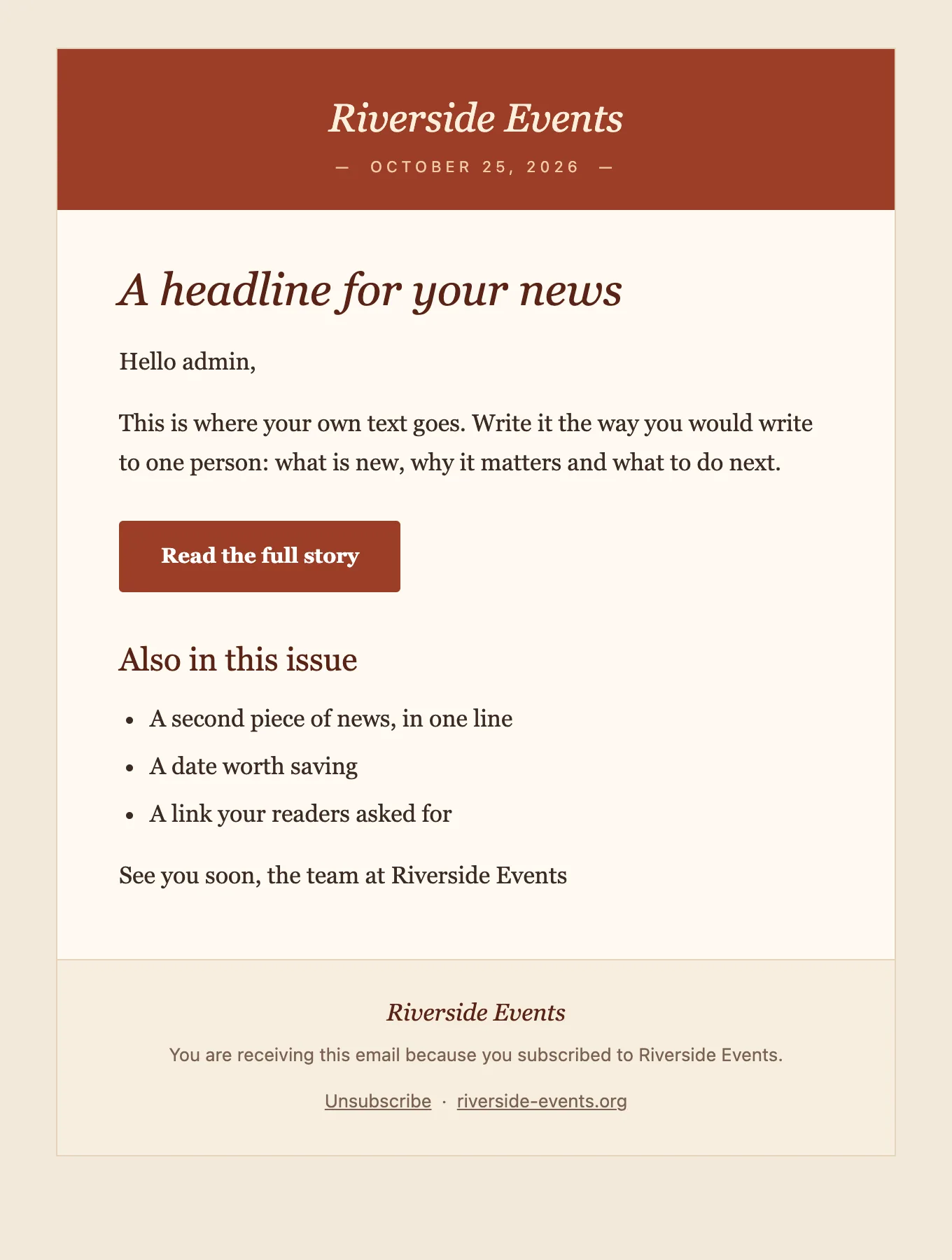 Café template: terracotta header, cream paper, italic serif headline.