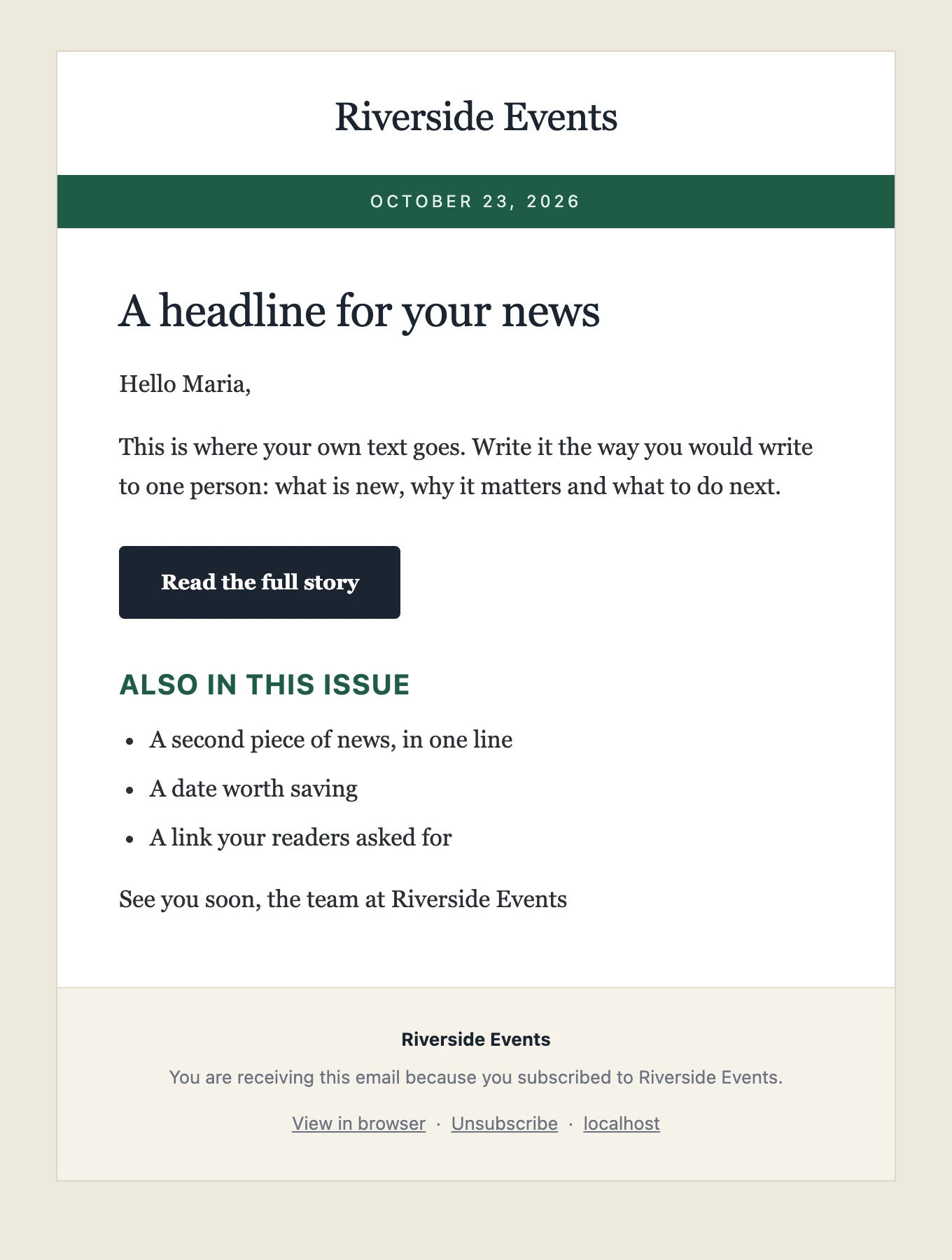 The Programme template: cream paper, serif text, the date in a green band.
