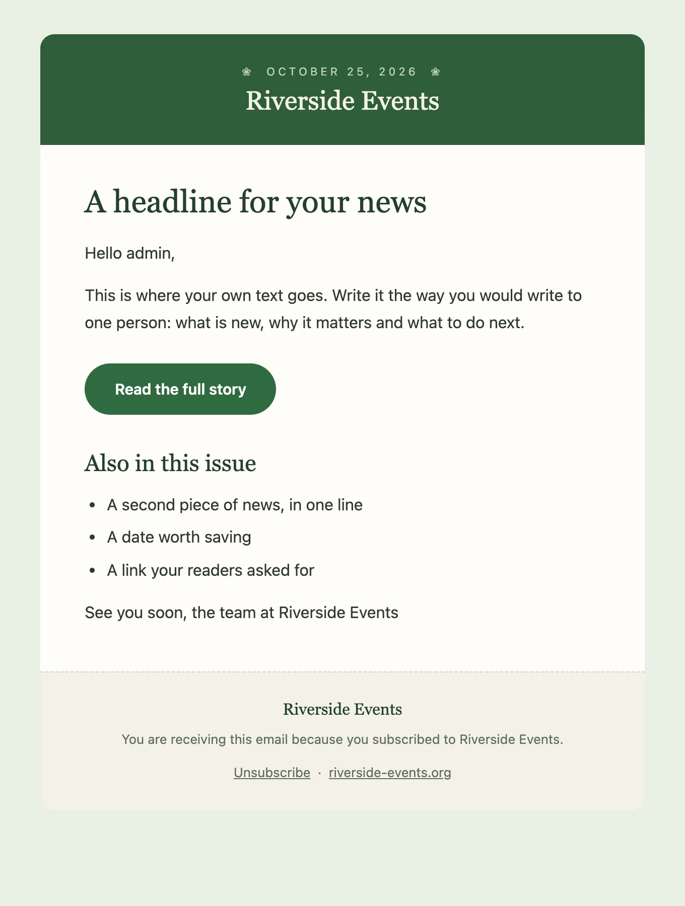 Garden template: green header, cream page, rounded green button.