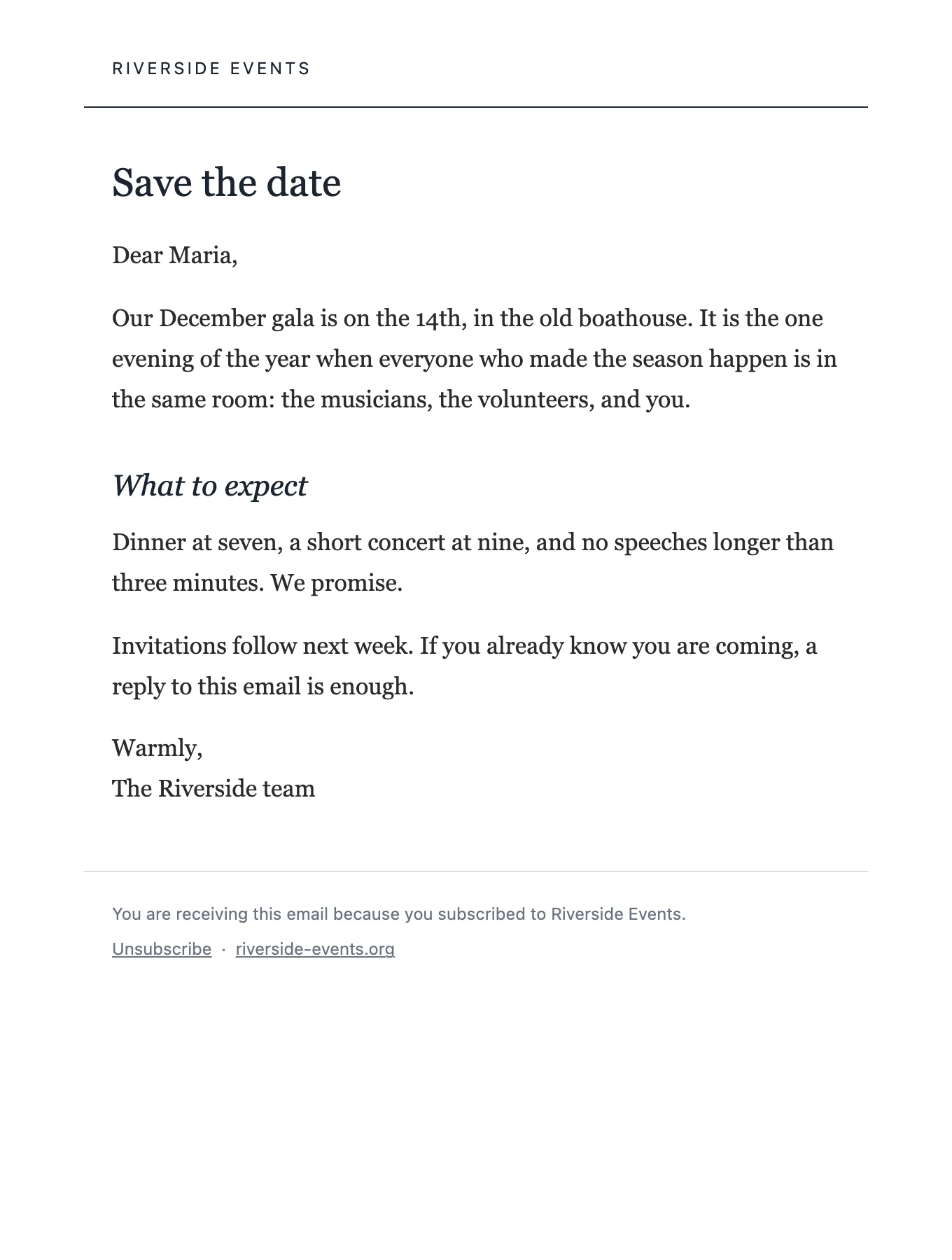 Letter template: plain white page with serif text, like a personal letter.