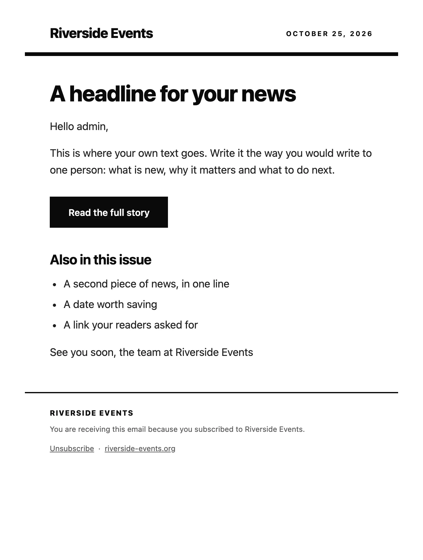 Modern template: white page, big black headline, a thick rule under the name.