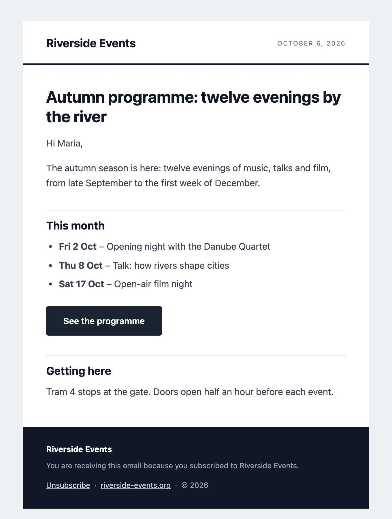 Bulletin template: name and date in the header, bold headings and a dark footer.
