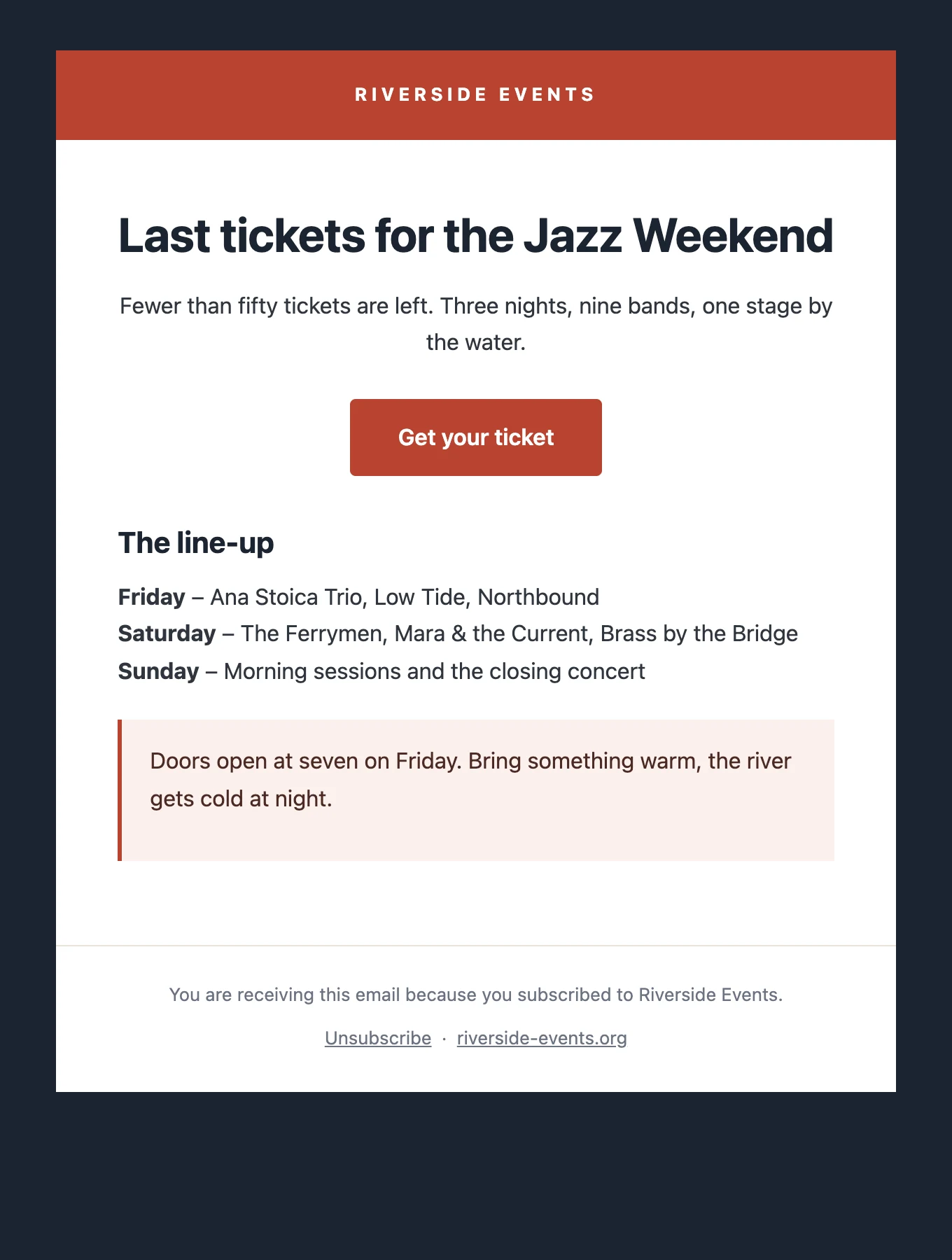 Announcement template: red band on top, large centred headline and a red button.