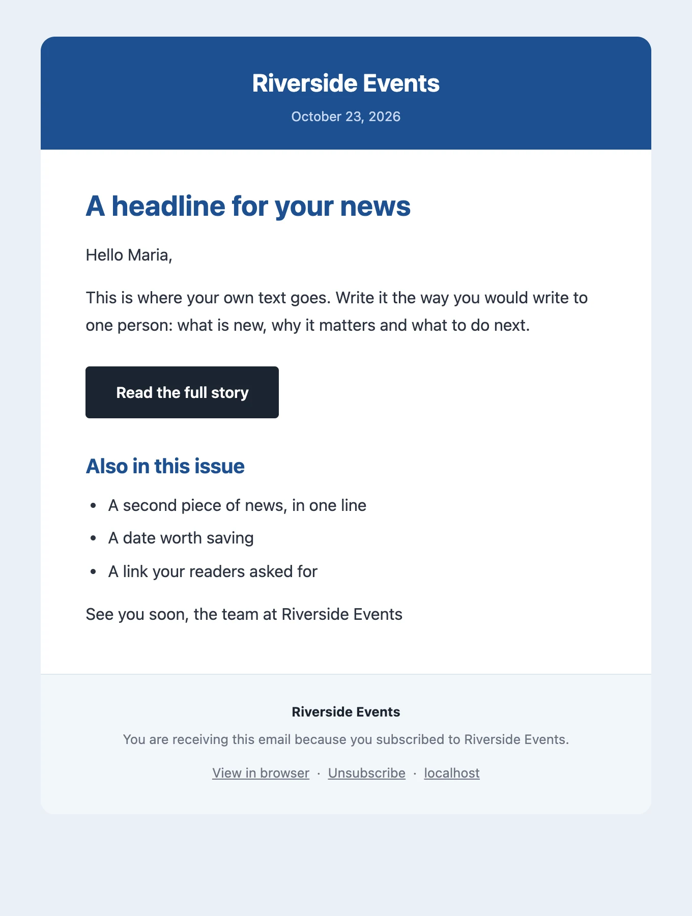 The School template: blue header with the date, rounded card, plain text.