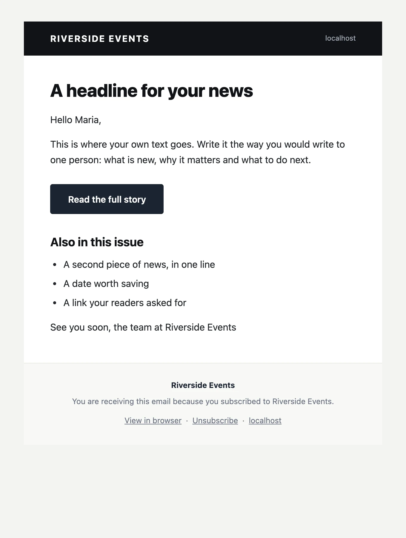 The Shop template: white, dark header bar, bold headlines.