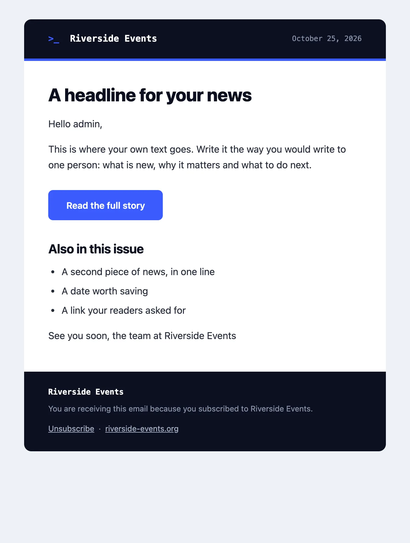 Tech template: dark header with a blue line, sharp headings, a blue button.